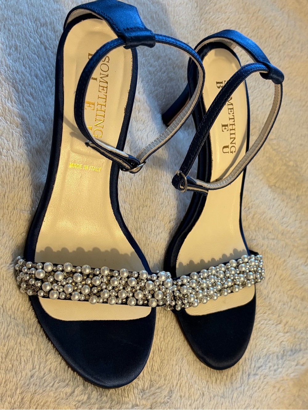 Something Bleu Bridal Navy Satin Pearl-Embellished Ankle-Strap Sandals